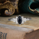Marquise Cut Vintage Black Onyx Engagement Ring Wedding Ring